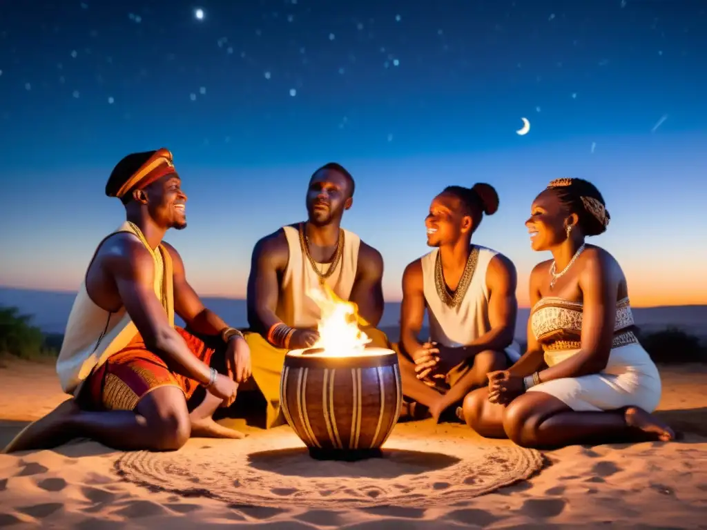 Un grupo de músicos africanos tocando tambores Djembé alrededor de una fogata bajo un cielo estrellado