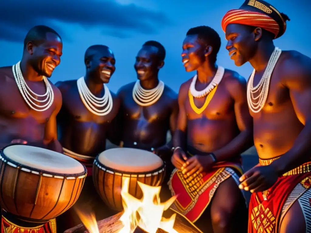 Un grupo de músicos africanos tradicionales toca el djembé alrededor de una gran fogata, iluminando sus rostros expresivos