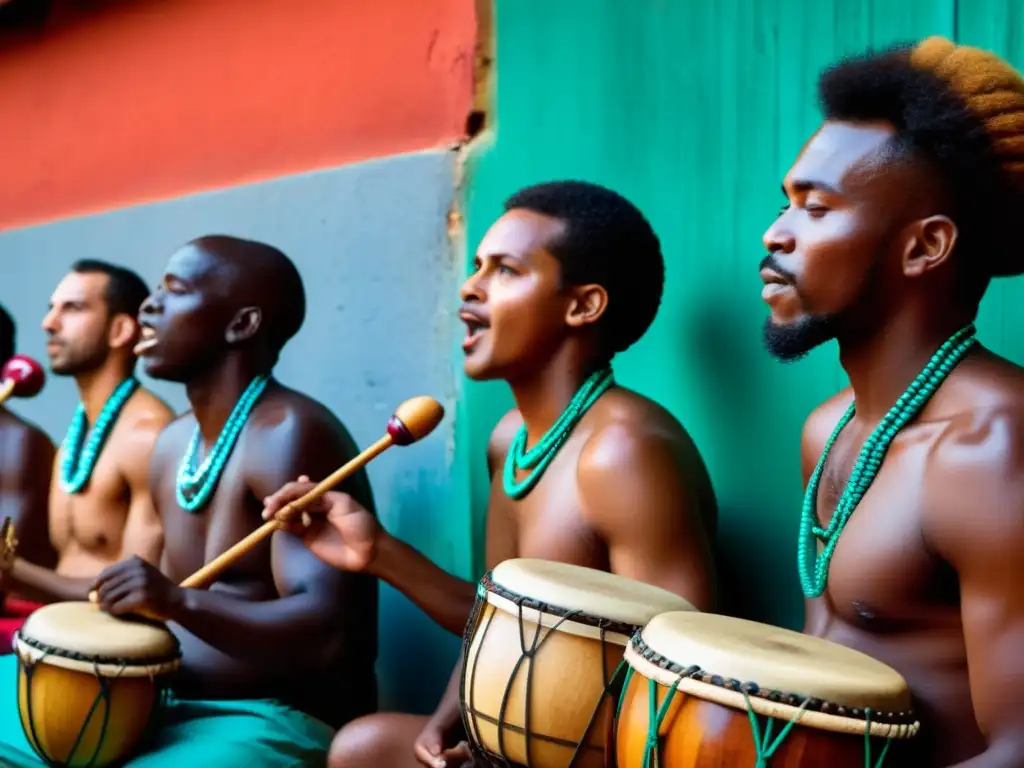 Grupo de músicos afroantillanos tocando El Hueso con pasión y energía, rodeados de una cálida luz dorada