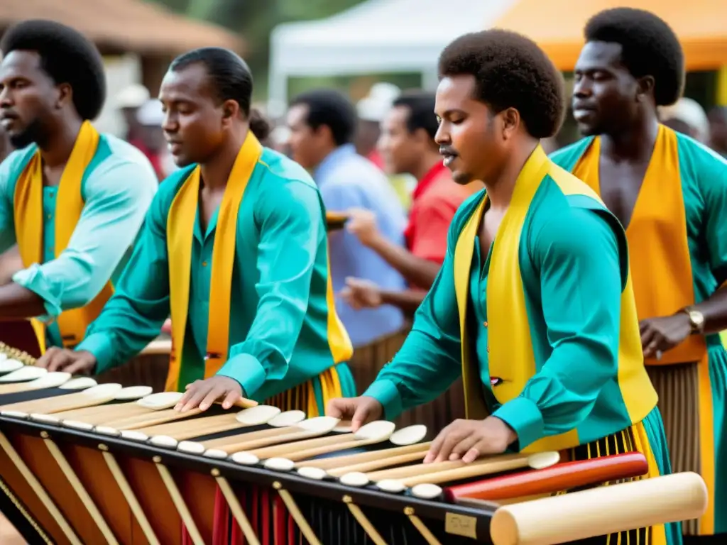 Grupo de músicos Afrocolombianos tocando instrumentos tradicionales en el Festival Petronio Álvarez, creando una escena culturalmente rica y vibrante