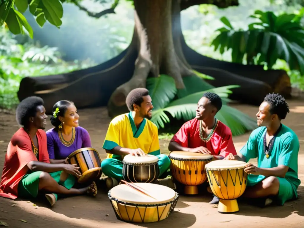 Grupo de músicos afrocolombianos tocando instrumentos tradicionales bajo un árbol en la selva