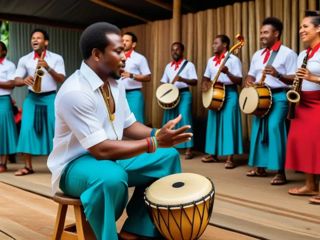 Un grupo de músicos afrocolombianos en tarima, cautivando con su pasión y ritmo en una actuación llena de espiritualidad