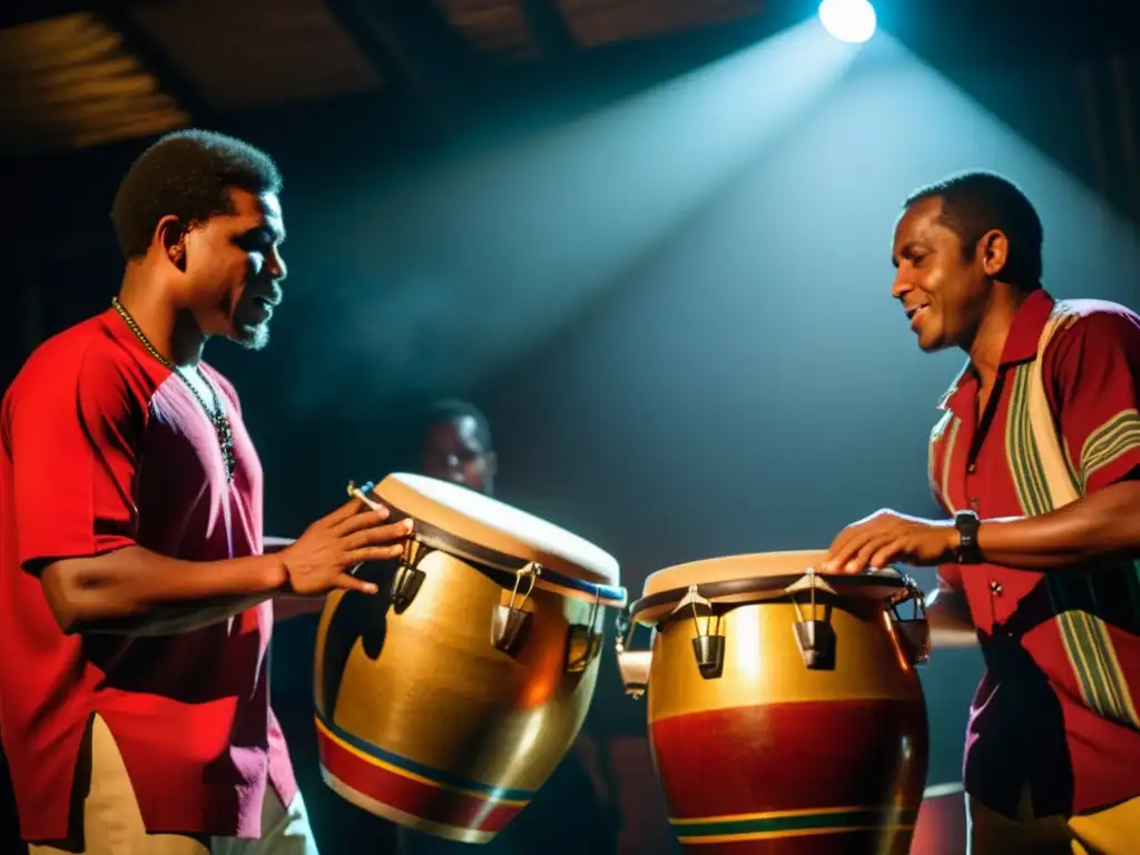 Un grupo de músicos afrocubanos tocan instrumentos de percusión tradicionales en una habitación tenue, exudando pasión y energía rítmica