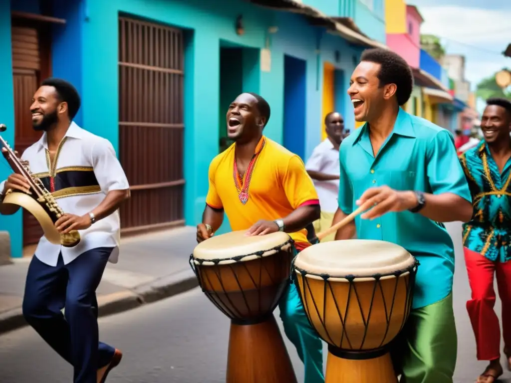 Grupo de músicos afrocubanos tocando instrumentos tradicionales en una vibrante calle