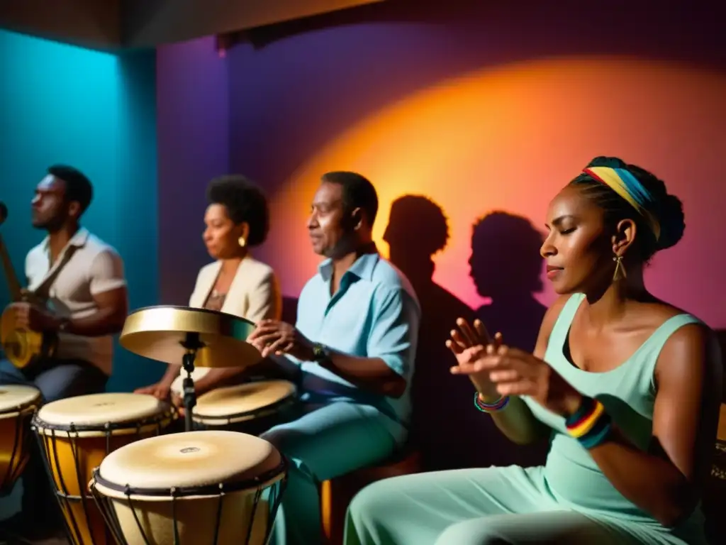 Un grupo de músicos afrocubanos crea ritmos apasionados en un estudio iluminado, revelando los secretos del ritmo de la música afrocubana