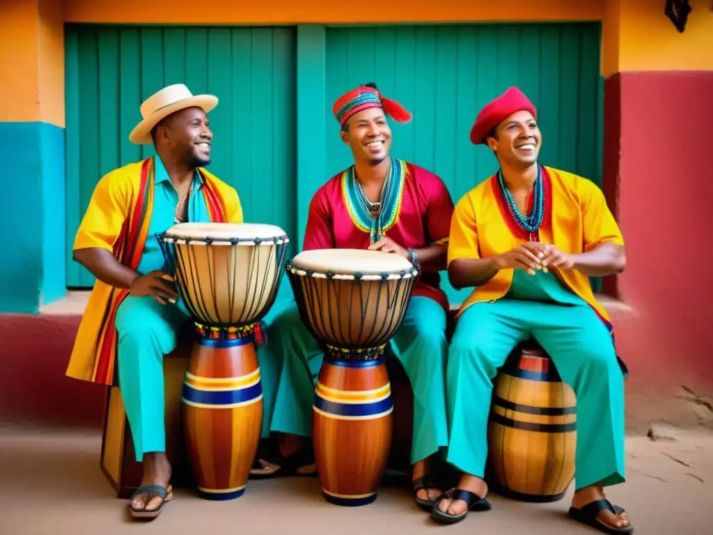 Grupo de músicos afroperuanos tocando ritmos tradicionales con cajón, quijada y cajita en vivo, en una vibrante celebración cultural