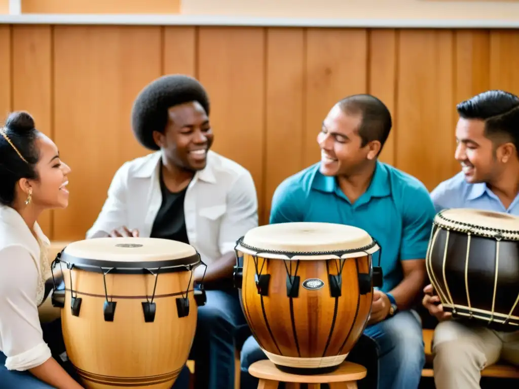 Grupo de músicos afroperuanos tocando ritmos tradicionales en educación musical, transmitiendo pasión y conocimiento ante estudiantes atentos