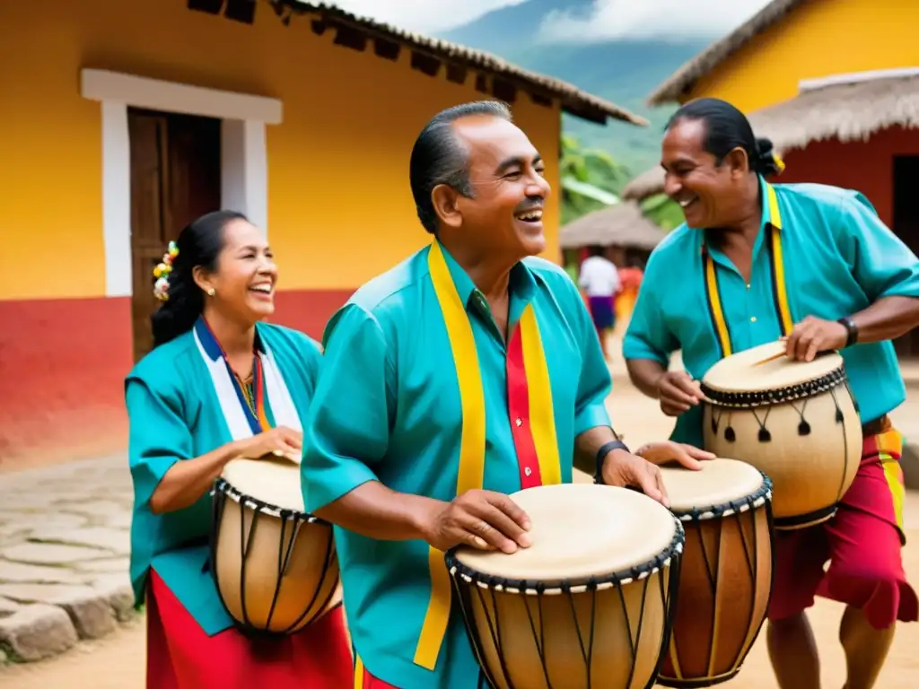 Un grupo de músicos toca el tambor alegre en un pueblo colombiano, destacando los ritmos afrodescendientes y la energía vibrante de la escena