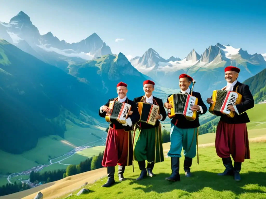 Grupo de músicos alpinos tradicionales tocando fiscorno alpino en majestuoso escenario montañoso