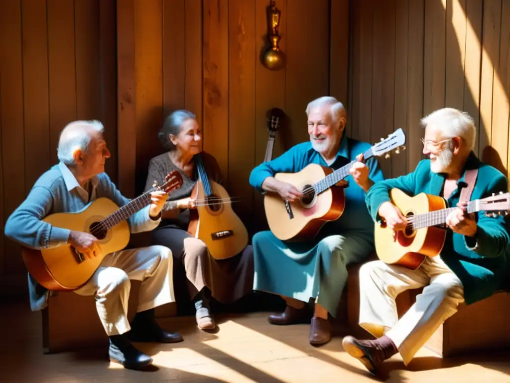 Un grupo de músicos ancianos tocan sus balalaikas, iluminados por la cálida luz del atardecer en una habitación de madera