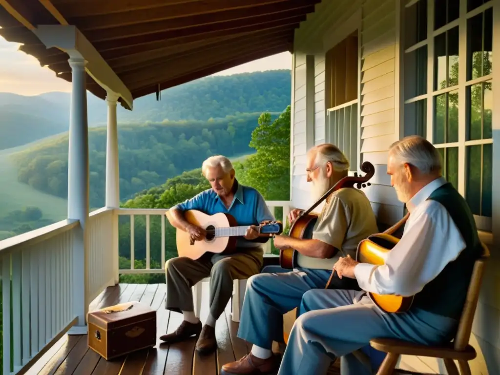 Grupo de músicos ancianos tocando dulcímeros hechos a mano en las montañas de los Apalaches al atardecer, evocando la historia musical de la región