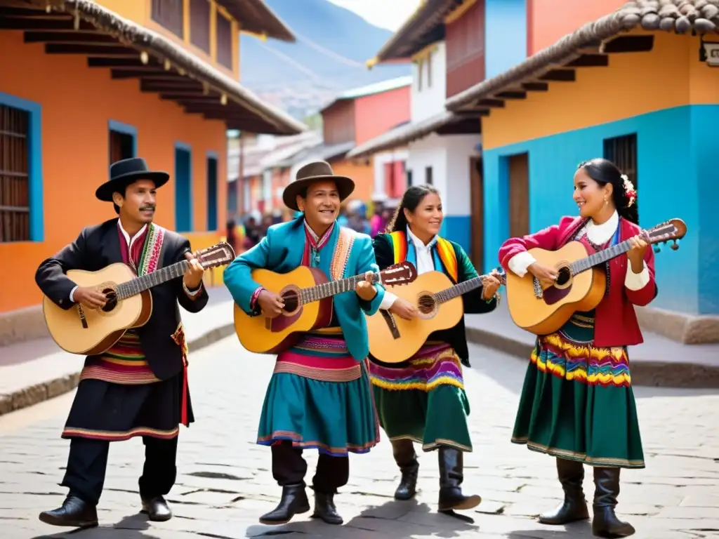 Un grupo de músicos andinos toca charangos en una plaza vibrante, mostrando la historia del charango andino cultural