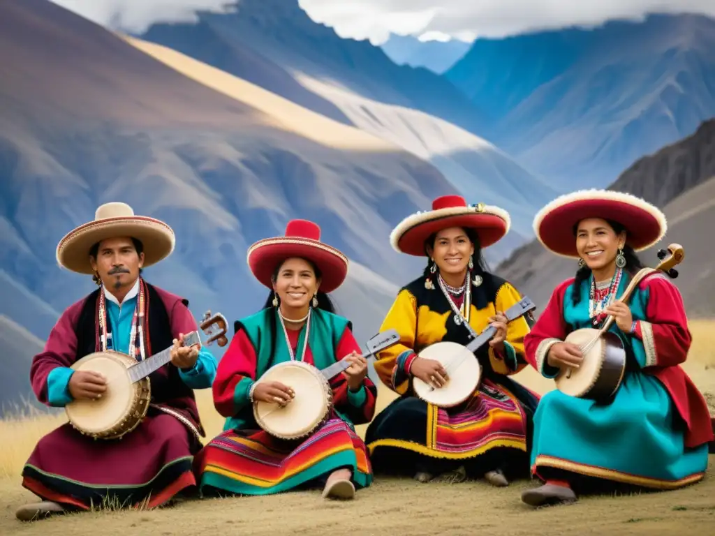 Grupo de músicos andinos en un festival internacional de música, vestidos con trajes tradicionales, frente a los imponentes Andes