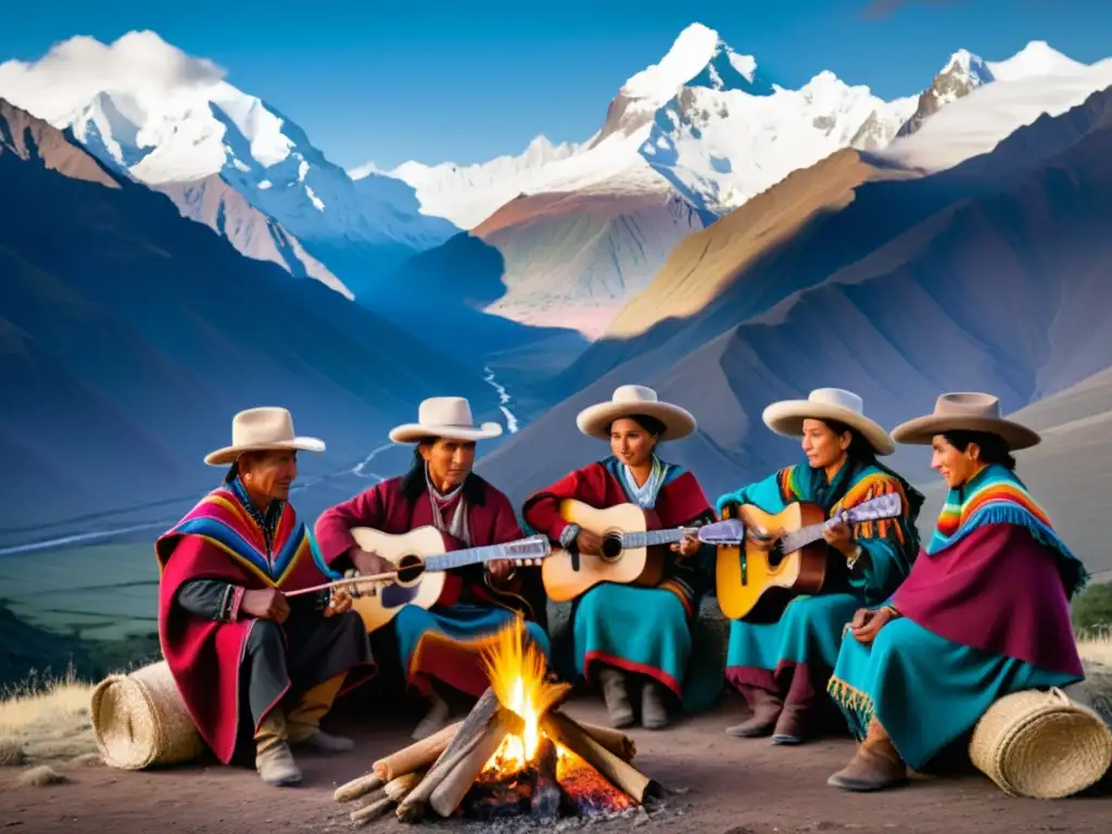 Grupo de músicos andinos alrededor de una fogata, tocando el charango con orgullo