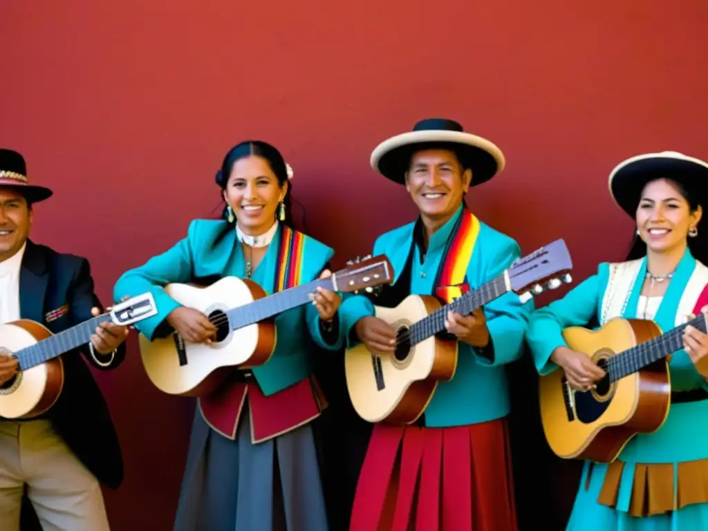 Grupo de músicos andinos fusionando instrumentos tradicionales con tecnología moderna en una vibrante presentación