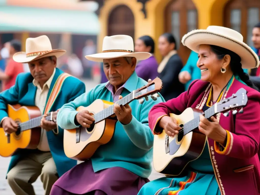 Grupo de músicos andinos tocando música tradicional en una animada plaza