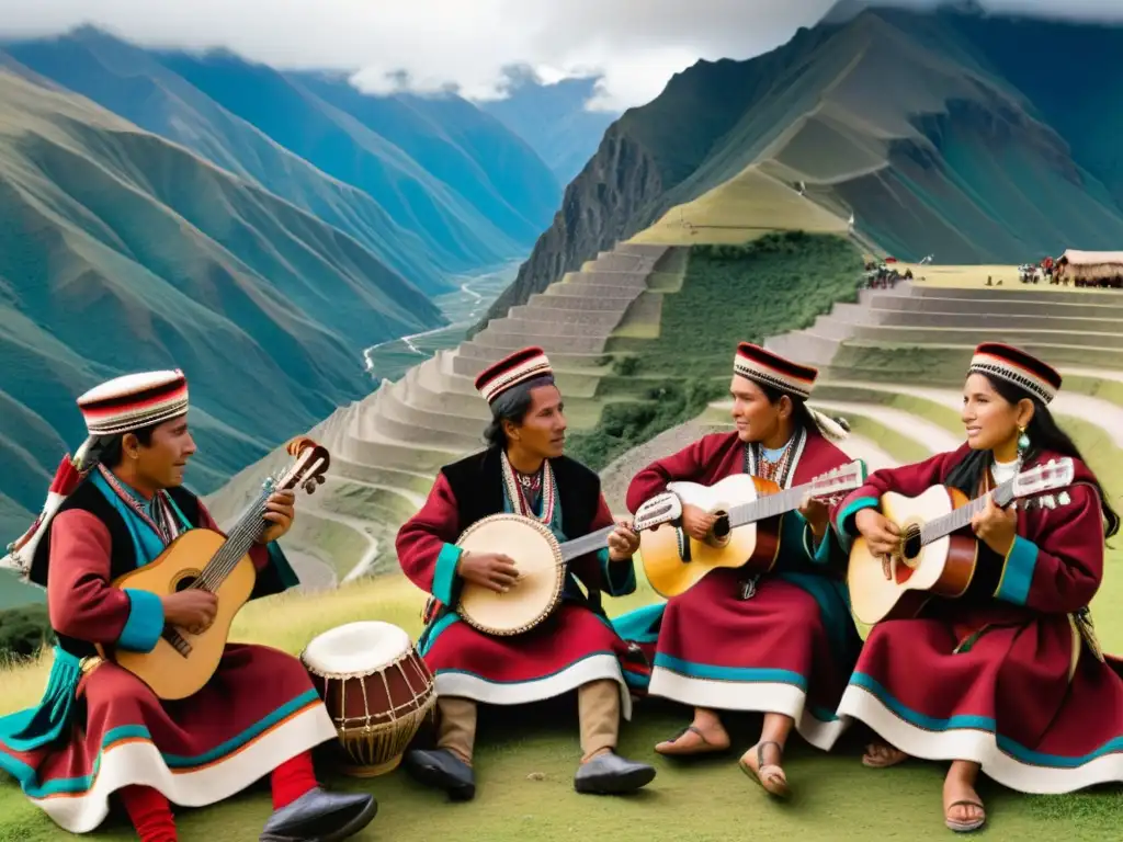 Grupo de músicos andinos tocando zampoñas en paisaje andino, transmitiendo la historia zampoña andina con pasión y tradición