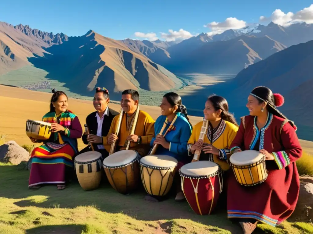 Grupo de músicos andinos en paisaje montañoso, vistiendo trajes tradicionales, tocando instrumentos como la zampoña y el charango