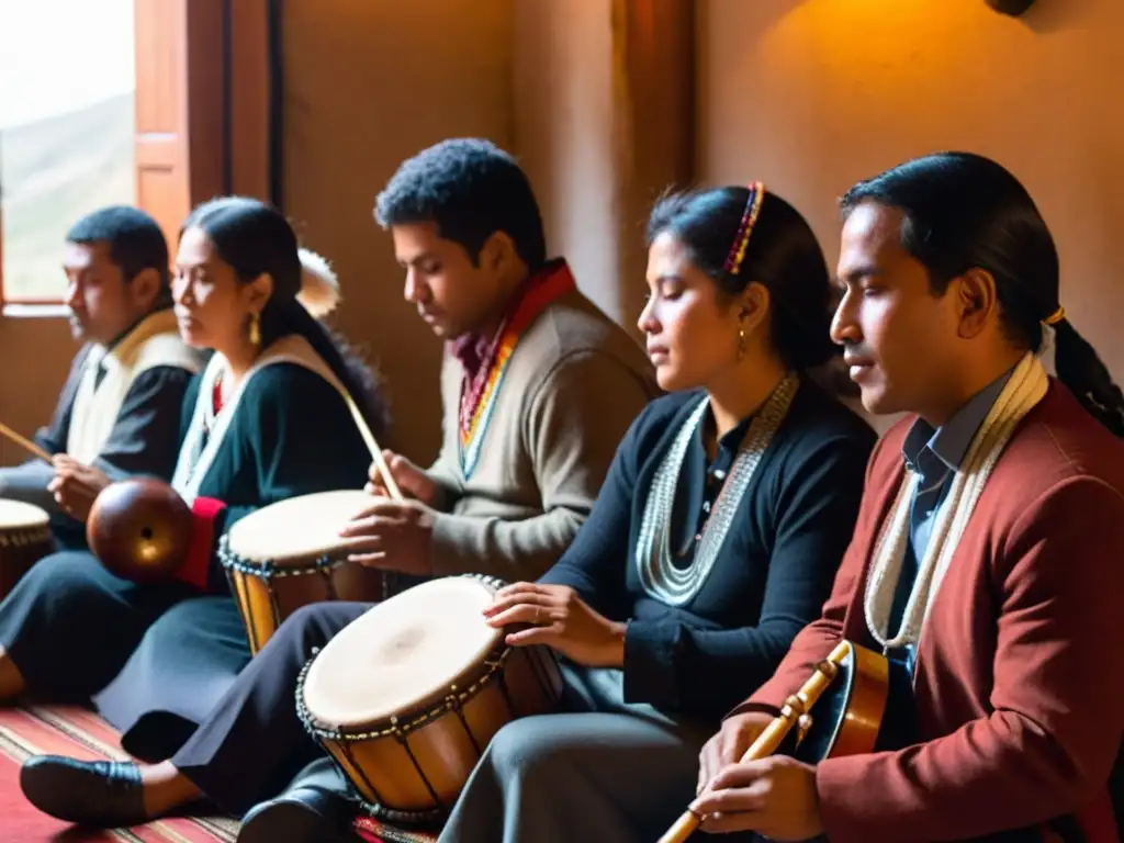 Un grupo de músicos andinos improvisa con pasión, rodeados de instrumentos tradicionales