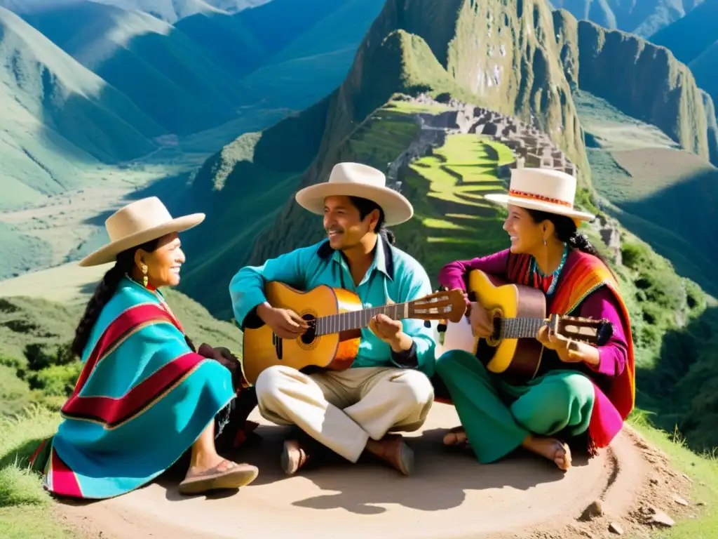 Un grupo de músicos andinos improvisando con quena, charango y zampona, rodeados de montañas verdes