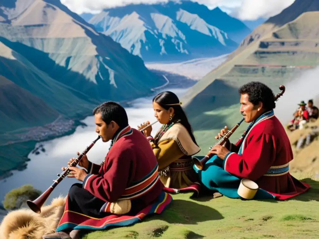 Grupo de músicos andinos tocando la quena en la montaña, reflejando el origen y uso de la quena en la cultura andina