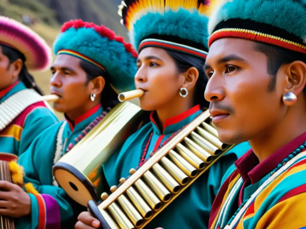 Grupo de músicos andinos con trajes coloridos tocando la zampoña en ritual