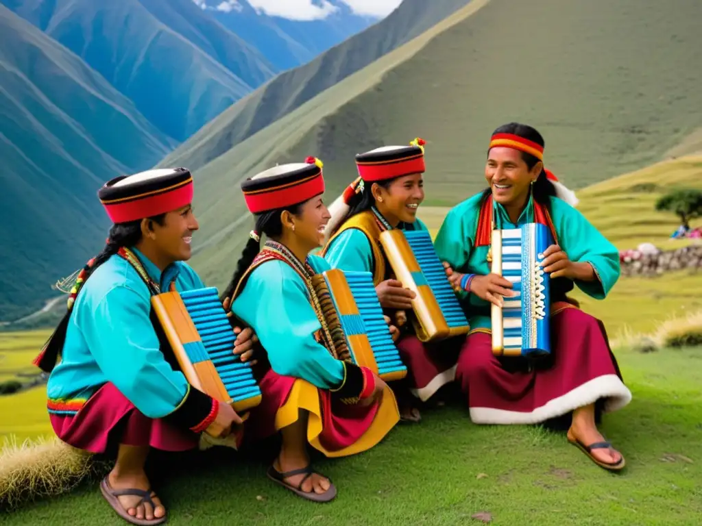 Grupo de músicos andinos vistiendo trajes tradicionales, tocando zampoñas en festival andino