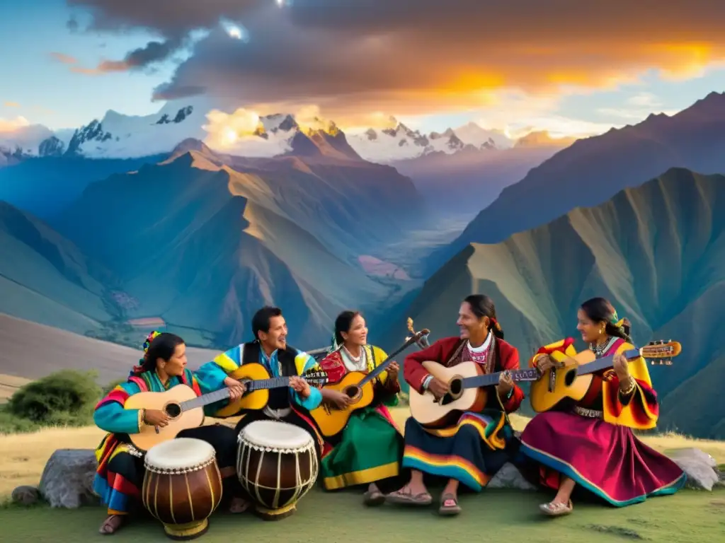 Grupo de músicos andinos vestidos con trajes tradicionales tocando quenas y zamponas al atardecer