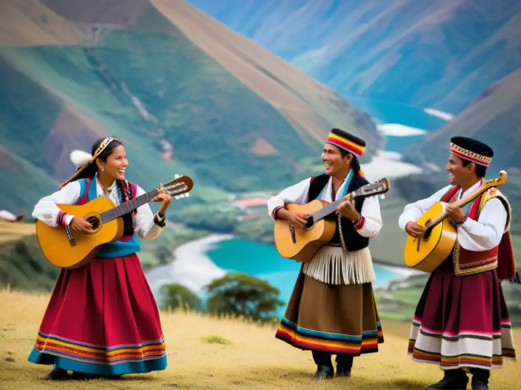 Grupo de músicos andinos tocando zampoña y charango en festival colorido