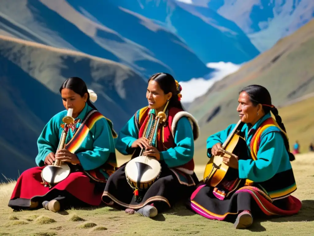 Un grupo de músicos andinos toca la zampoña en un ritual espiritual, destacando la importancia cultural de la zampoña en los rituales andinos