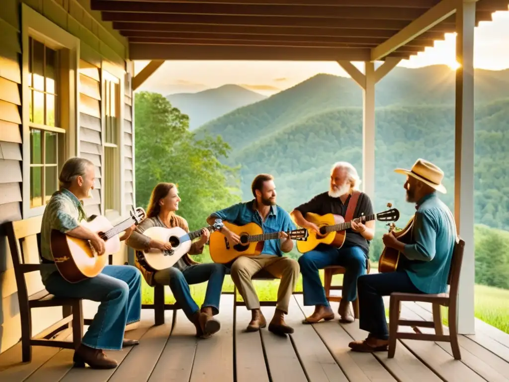 Un grupo de músicos de los Apalaches toca dulcimer en un porche al atardecer, sumergidos en la historia de la música