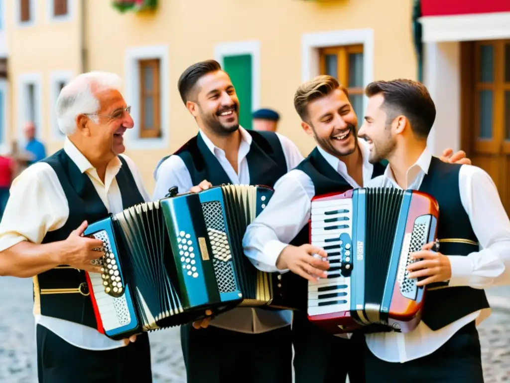 Un grupo de músicos apasionados toca el acordeón en una animada plaza europea, resaltando la historia y relevancia cultural del acordeón