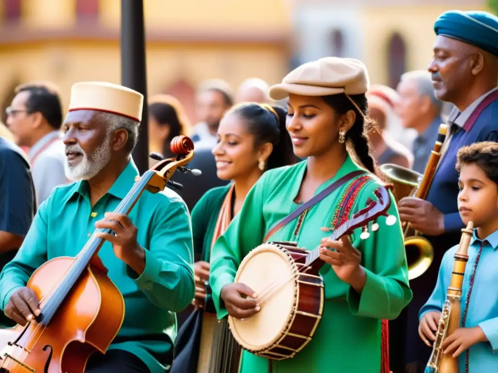 Un grupo de músicos apasionados toca instrumentos tradicionales en una animada plaza pública, creando una conexión cultural en el espacio público