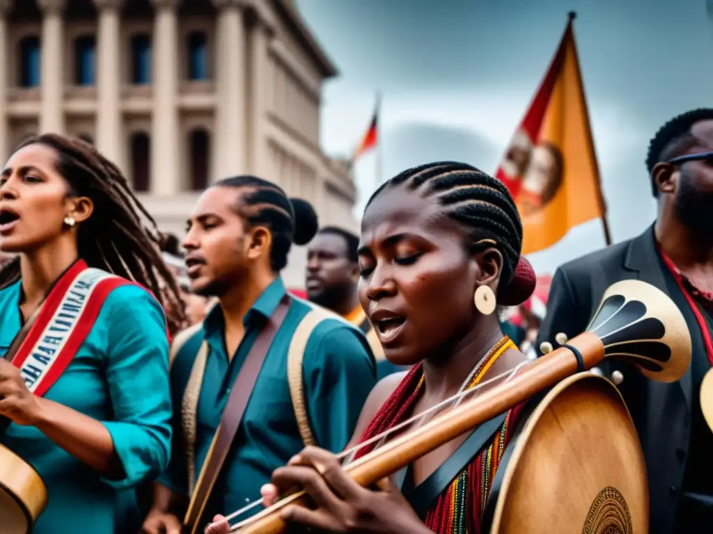 Grupo de músicos apasionados tocando instrumentos tradicionales en protesta política