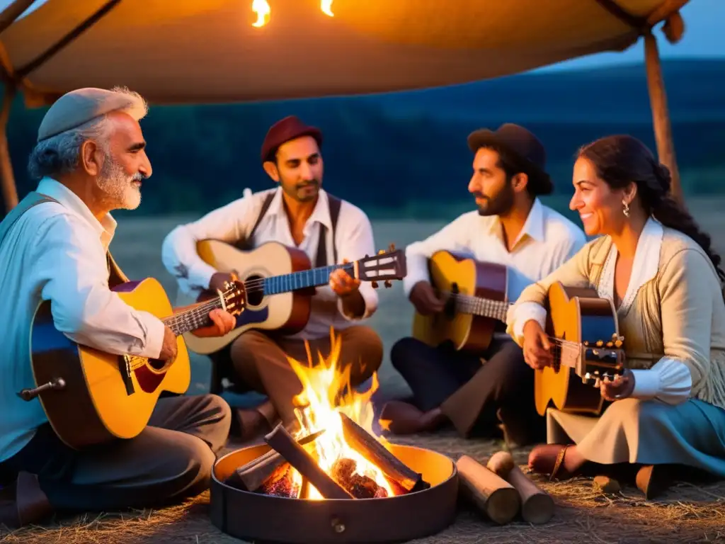 Un grupo de músicos apasionados tocando música gitana alrededor de una fogata, con un impacto visual evocador en América Latina