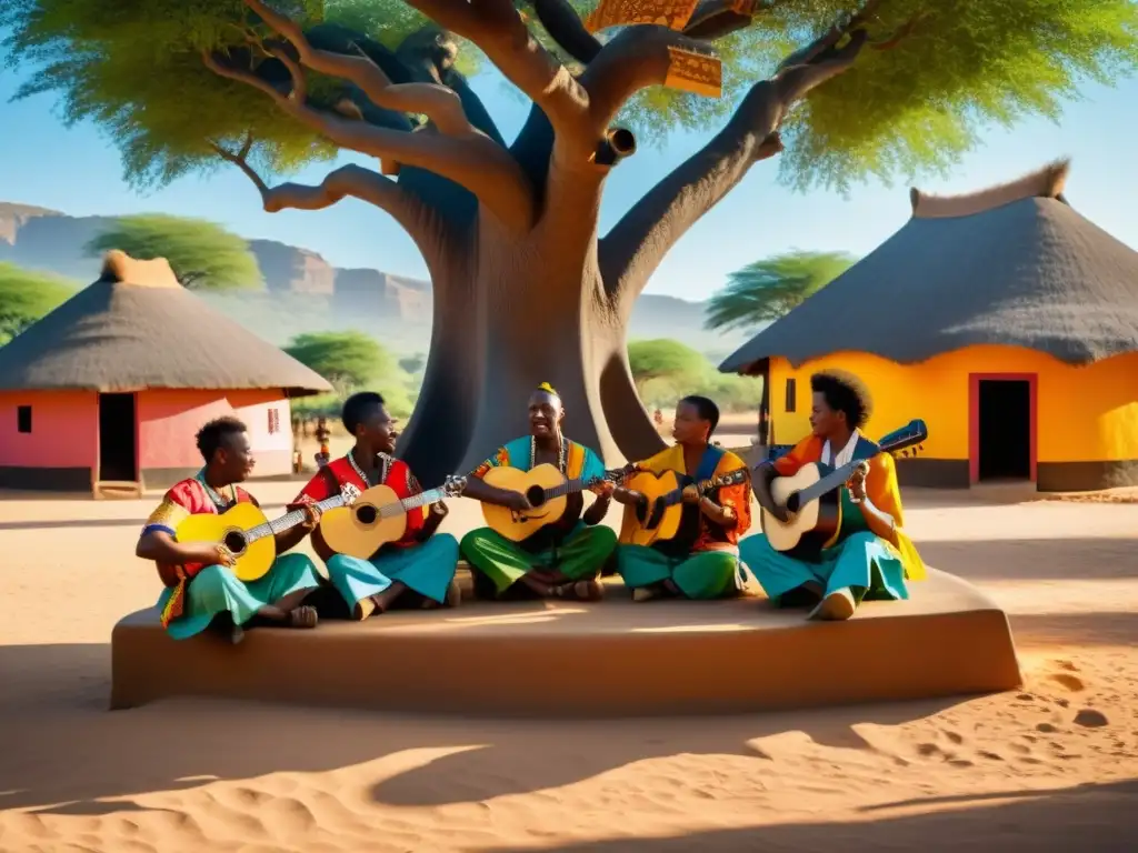 Músicos africanos tocando el balafón bajo un árbol centenario Un grupo de músicos toca el balafón bajo un árbol en una aldea africana