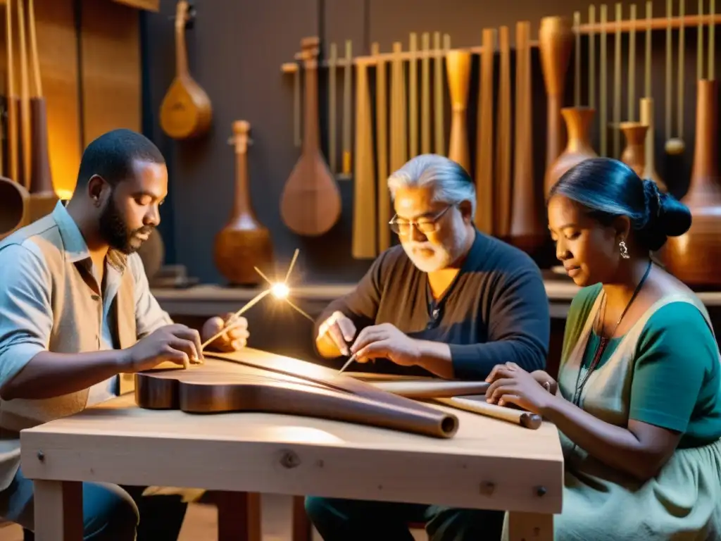 Un grupo de músicos y artesanos trabajan con pasión en la reinvención de instrumentos musicales perdidos en un taller lleno de historia y creatividad