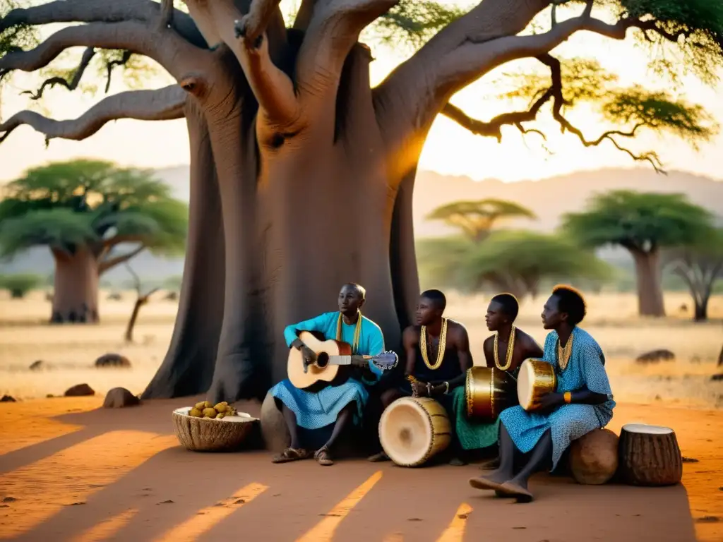 Grupo de músicos ngoni bajo baobab al atardecer, mostrando la resistencia cultural del Ngoni en Mali con sus melodías y vestimenta vibrante