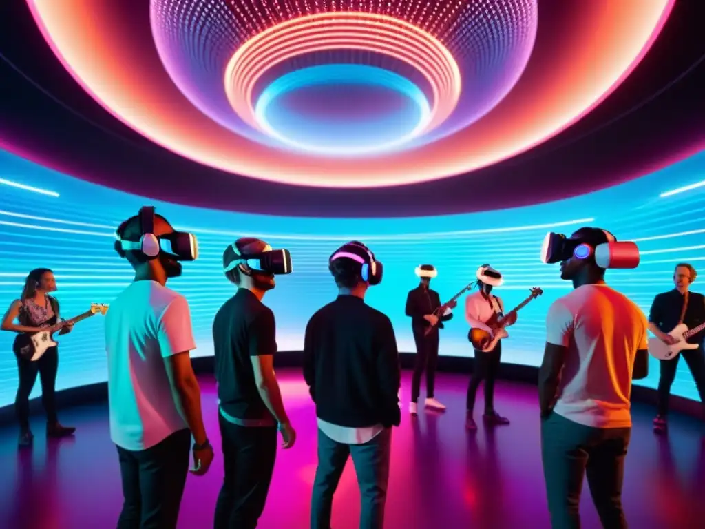 Un grupo de músicos usando auriculares de realidad virtual, creando música en un entorno futurista lleno de ondas y pulsaciones digitales