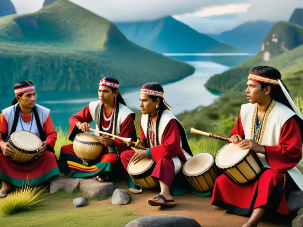 Grupo de músicos autóctonos tocando instrumentos tradicionales en paisaje natural