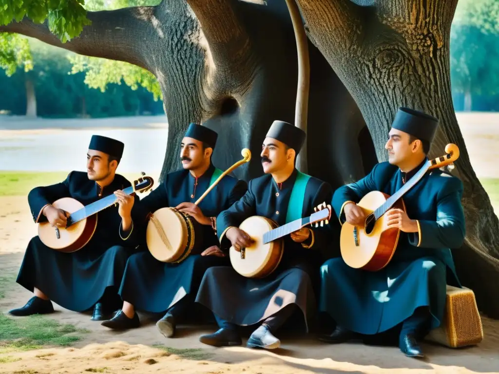 Un grupo de músicos azerbaiyanos toca instrumentos Tar bajo un árbol centenario, preservando la Tar en Azerbaiyán