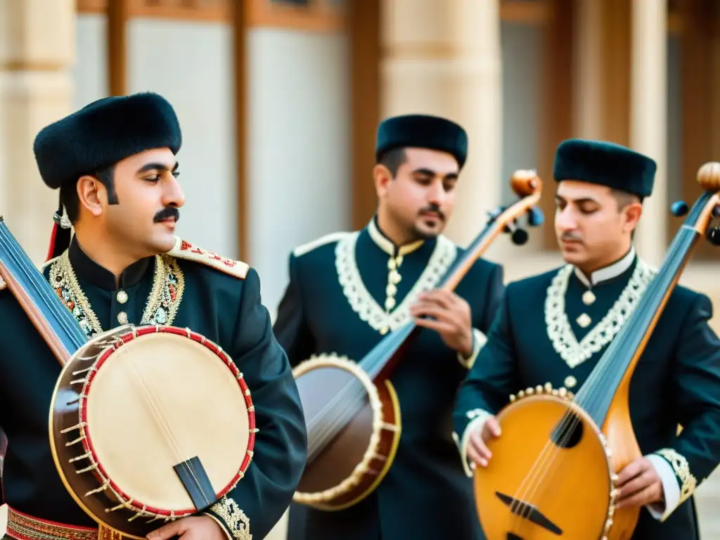 Grupo de músicos azerbaiyanos preservando la tradición de la Tar en un festival cultural, con expresiones apasionadas y vestimenta vibrante