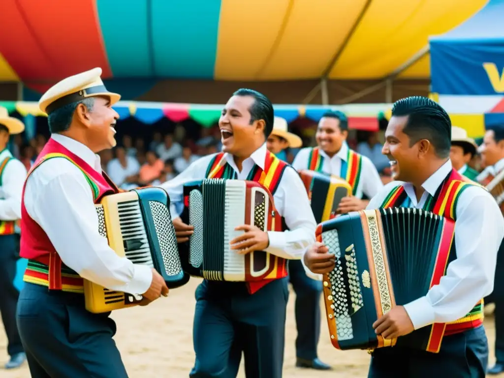 Festival de la Leyenda Vallenata: Música y Colorido Grupo de músicos y bailarines en el Festival Vallenato Valledupar, transmitiendo la historia y pasión del acordeón y la cultura vallenata