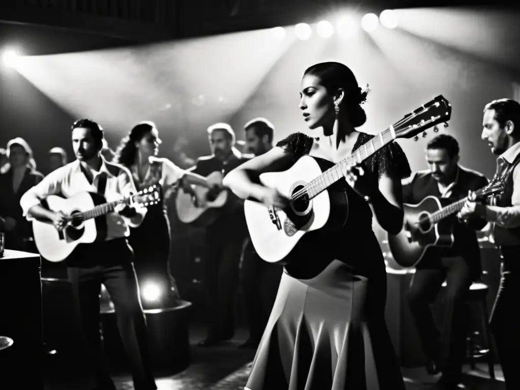 Un grupo de músicos y bailarines de flamenco actúa apasionadamente en un bar lleno de gente