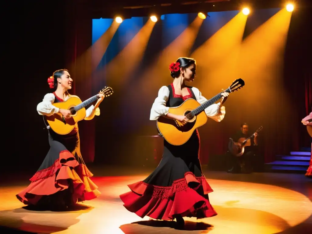 'Grupo de músicos y bailarines de flamenco en un círculo, con expresiones apasionadas iluminadas por luces cálidas del escenario