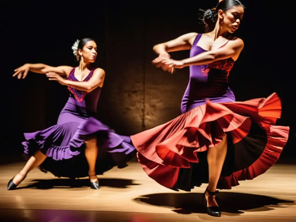 Un grupo de músicos y bailarines de flamenco en un escenario con luz tenue, capturando la esencia y la pasión de la influencia migración flamenco