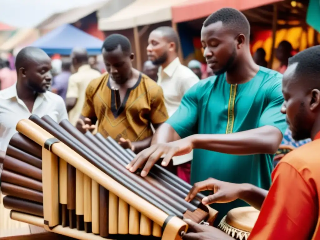 Grupo de músicos tocando un balafón en un animado mercado africano