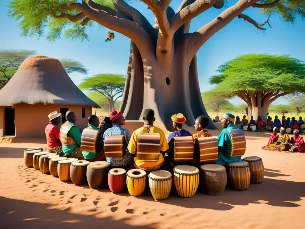 Grupo de músicos tocando el balafon en un pueblo africano, bajo un baobab