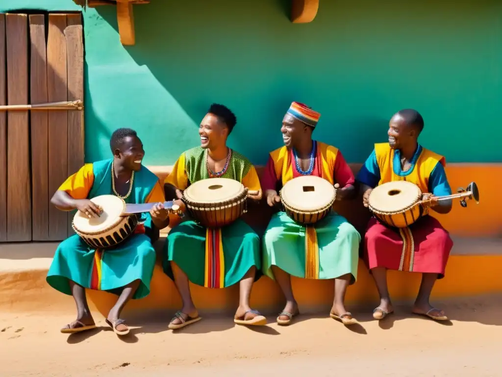 Un grupo de músicos toca el balafón en un pueblo tradicional de África Occidental, resaltando la importancia cultural del balafón en África