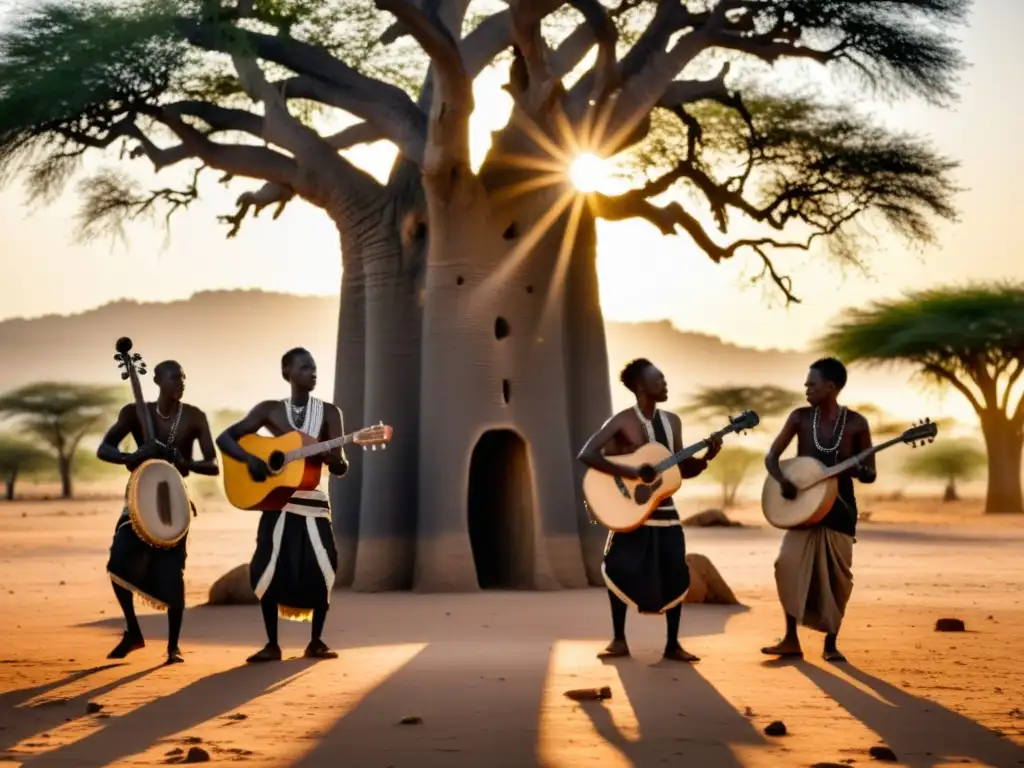 Grupo de músicos Ngoni tocando bajo un baobab al atardecer, reflejando la resistencia cultural del Ngoni en Mali